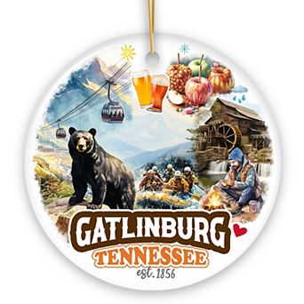 Classic Gatlinburg Tennessee Ceramic Ornament, Vintage Souvenir Christmas Decor Gift Circle
