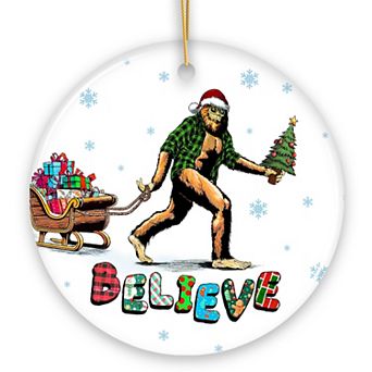 Funny Big Foot Believe Christmas Ornament, Sasquatch Humor Holiday Decor, Circle
