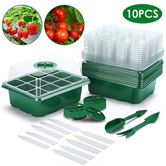 10 pc Seed Starter Tray Kit 120 Cells with Humidity Dome, Labels & Garden Tools