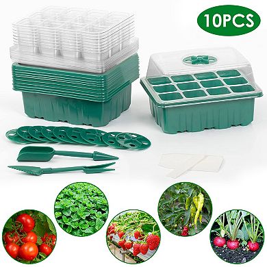 10Pcs Seed Starter Tray Kit 120 Cells with Humidity Dome, Labels & Garden Tools
