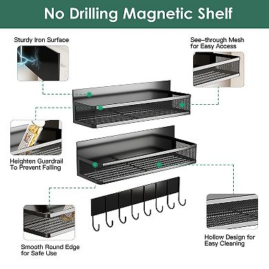 3-Pack Magnetic Spice Rack with 8 Hooks for Jars, Utensils & Kitchen Storage