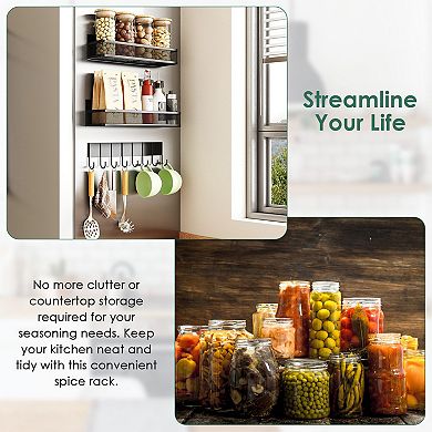 3-Pack Magnetic Spice Rack with 8 Hooks for Jars, Utensils & Kitchen Storage