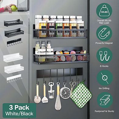3-Pack Magnetic Spice Rack with 8 Hooks for Jars, Utensils & Kitchen Storage