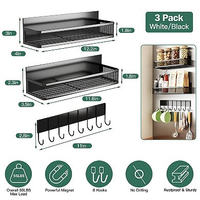 3-Pack Magnetic Spice Rack with 8 Hooks for Jars, Utensils & Kitchen Storage
