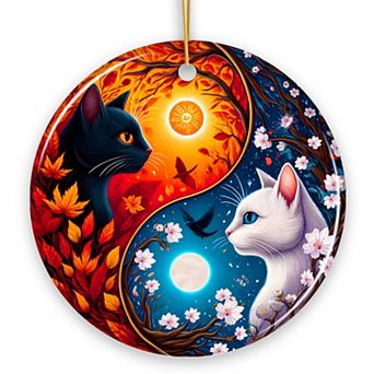 Mystical Seasons Yin and Yang Cats Ceramic Ornament, Gift for White and Black Kitten Lovers