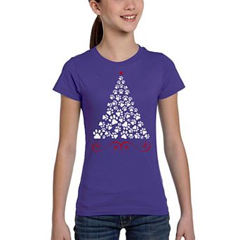 Paw Christmas Tree - Girl's Word Art T-shirt