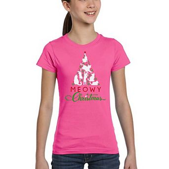 Meowy Christmas Tree - Girl's Word Art T-shirt