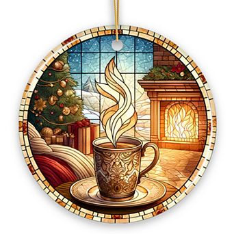 Coffee Illustration Stained Glass Style Ceramic Ornament, Christmas Gift and Decor