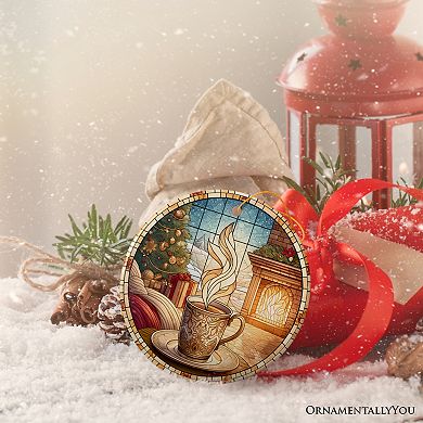 Coffee Illustration Stained Glass Style Ceramic Ornament, Christmas Gift and Decor