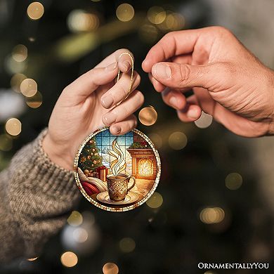 Coffee Illustration Stained Glass Style Ceramic Ornament, Christmas Gift and Decor