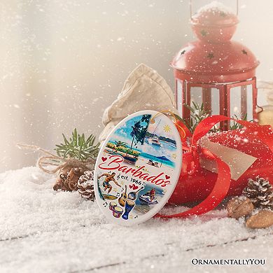 Artistic Tropical Barbados Landmarks and Beaches Ornament, Caribbean Christmas Souvenir, Oval