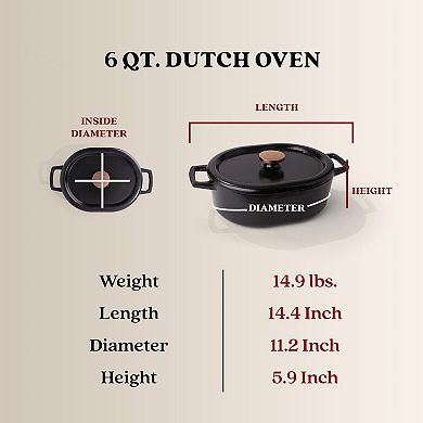 Alva Nori 6 Qt. Cast Iron Dutch Oven, Heavy-Duty Naturally Nonstick Enameled Coated Cookware - Black