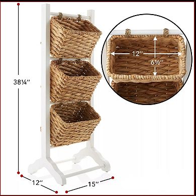 3-Tier Floor Stand with Wicker Storage Basket Bins
