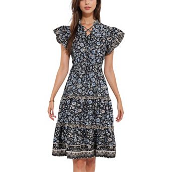 Women's Flutter Sleeve Floral Print Dress with Lace-Up Neckline and Tiered Skirt Casual Summer Dress