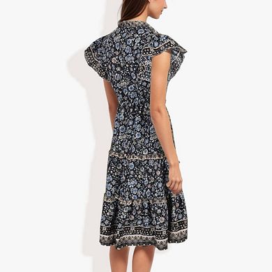 Women's Flutter Sleeve Floral Print Dress with Lace-Up Neckline and Tiered Skirt Casual Summer Dress