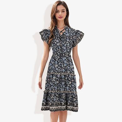 Women's Flutter Sleeve Floral Print Dress with Lace-Up Neckline and Tiered Skirt Casual Summer Dress