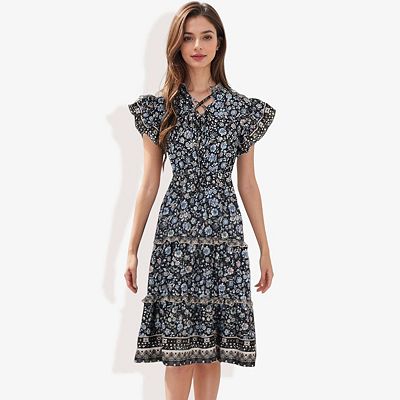 knee length dresses for ladies Deep Purple Floral Print Halter Lace Up Cut Out Maxi Dress main image 1