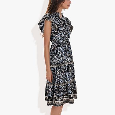Women's Flutter Sleeve Floral Print Dress with Lace-Up Neckline and Tiered Skirt Casual Summer Dress
