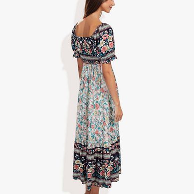 Women's Bohemian Floral Print Dress - Sleek Black, Summer Style main image 0