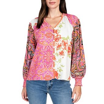 Women's Mixed Print Button Down Blouse With Long Puff Sleeves