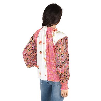 Women's Mixed Print Button Down Blouse With Long Puff Sleeves