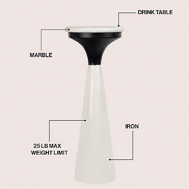 Oliver 22.25" Glam Retro Metal Drink Table and Decorative End Table with White Marble Round Top