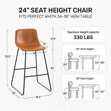 Unikome Set of 2 Faux Leather Barstools - Padded Seat & Metal Frame 24" & 30" Heights