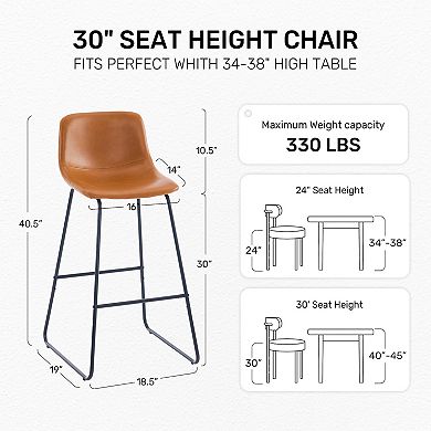 Unikome Set of 2 Faux Leather Barstools - Padded Seat & Metal Frame 24" & 30" Heights