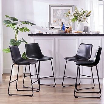 Unikome Set of 4 Faux Leather Barstools - Padded Seat & Metal Frame 24" & 30" Heights