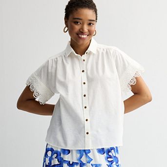 Women's Farmers Market Crochet Trim Button-Up Shirt