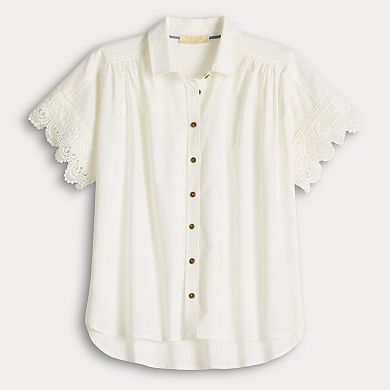 Women's Farmers Market Crochet Trim Button-Up Shirt