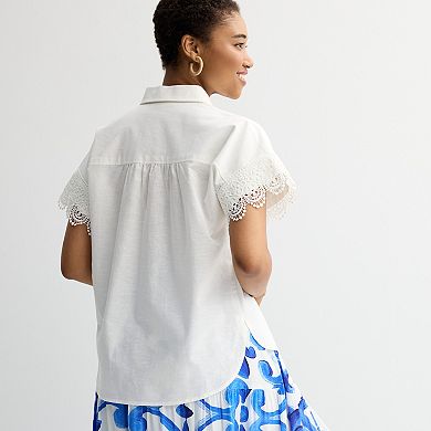 Women's Farmers Market Crochet Trim Button-Up Shirt