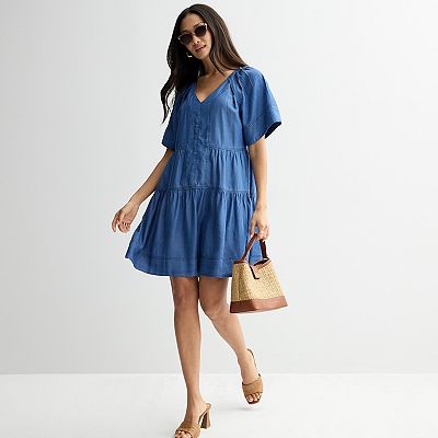 Women's Farmers Market V-Neck Tiered Denim Dress, Size: Medium, Dark Denim