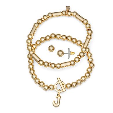 Nine West Gold Tone Initial Bracelet & Stud Earring Set