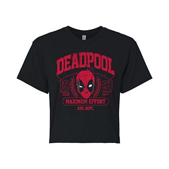 Juniors' Marvel Deadpool Retro Collegiate Maximum Effort Cropped Tee