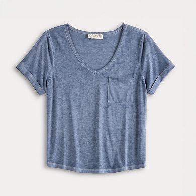 Juniors' Pink Republic Oversized Burnout V-Neck Short Sleeve Pocket T-Shirt