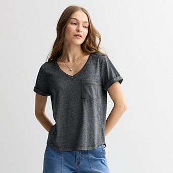 Juniors' Pink Republic Oversized Burnout V-Neck Short Sleeve Pocket T-Shirt