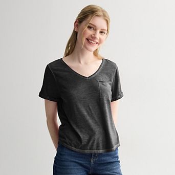 Juniors' Pink Republic Oversized Burnout V-Neck Short Sleeve Pocket T-Shirt