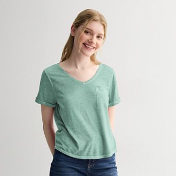 Juniors' Pink Republic Oversized Burnout V-Neck Short Sleeve Pocket T-Shirt