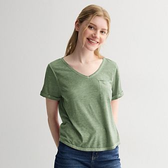 Juniors' Pink Republic Oversized Burnout V-Neck Short Sleeve Pocket T-Shirt