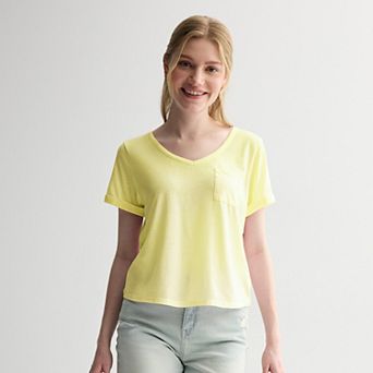 Juniors' Pink Republic Oversized Burnout V-Neck Short Sleeve Pocket T-Shirt