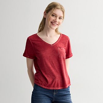 Juniors' Pink Republic Oversized Burnout V-Neck Short Sleeve Pocket T-Shirt