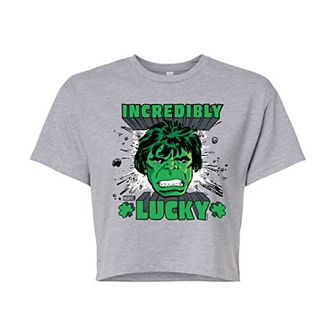 Juniors' Marvel Hulk Incredibly Lucky Cropped Tee