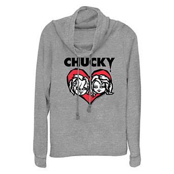 Women's Chucky And Tiffany Heart Portrait Cowlneck Graphic Lightweight Long Sleeve