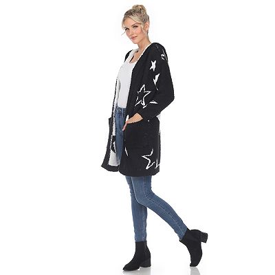 White Mark Hooded Open Front Sherpa Coat Black L XL