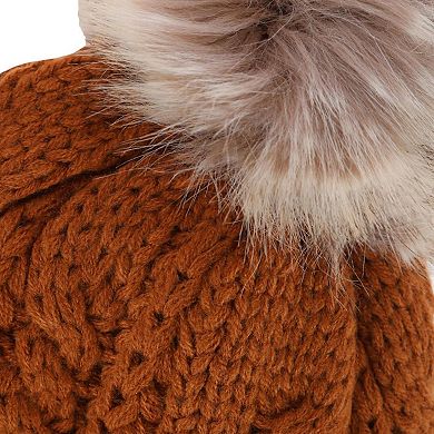 CTM Women's Cable Knit Lined Winter Beanie with Synthetic Fur Pom