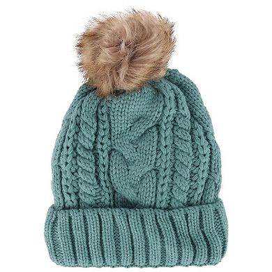 CTM Women's Cable Knit Lined Winter Beanie with Synthetic Fur Pom