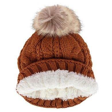 CTM Women's Cable Knit Lined Winter Beanie with Synthetic Fur Pom