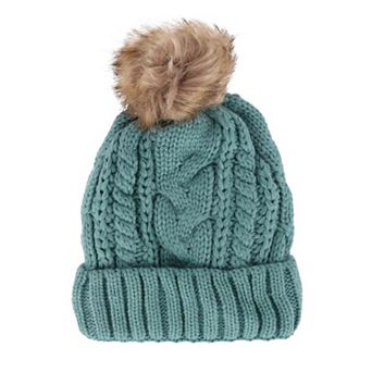 CTM Women's Cable Knit Lined Winter Beanie with Synthetic Fur Pom