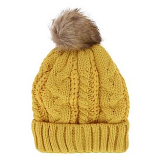 CTM Women's Cable Knit Lined Winter Beanie with Synthetic Fur Pom